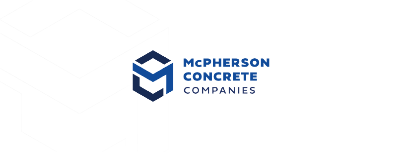 The logo for mcpherson concrete companies is blue and white.