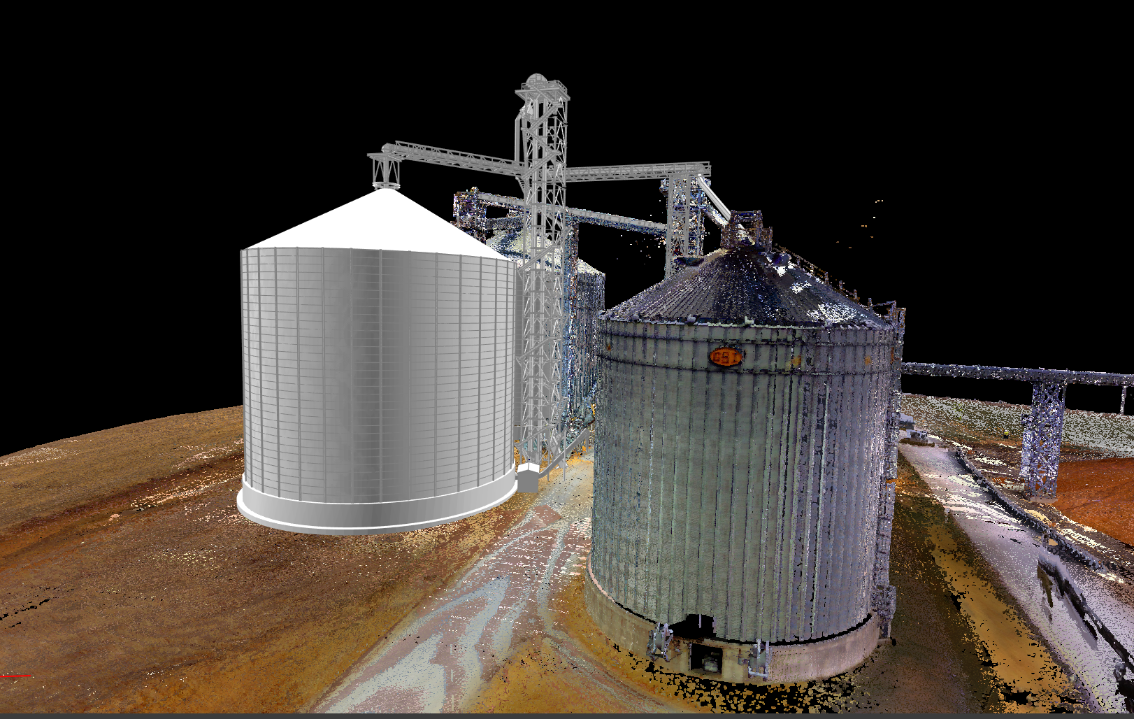 A 3d model of a grain silo with a black background