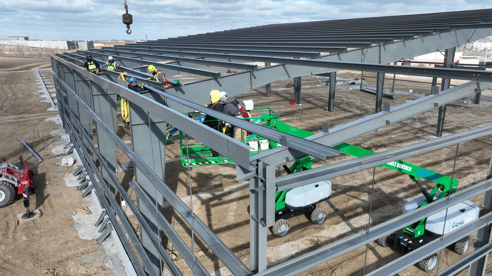 CL Construction millwright crew working on installation and structural assembly at the new Millard Activity Center construction site in Elkhorn, Nebraska, partnering with Sampson Construction to build the state-of-the-art 85,000 sq ft community facility near 204th & Q Street