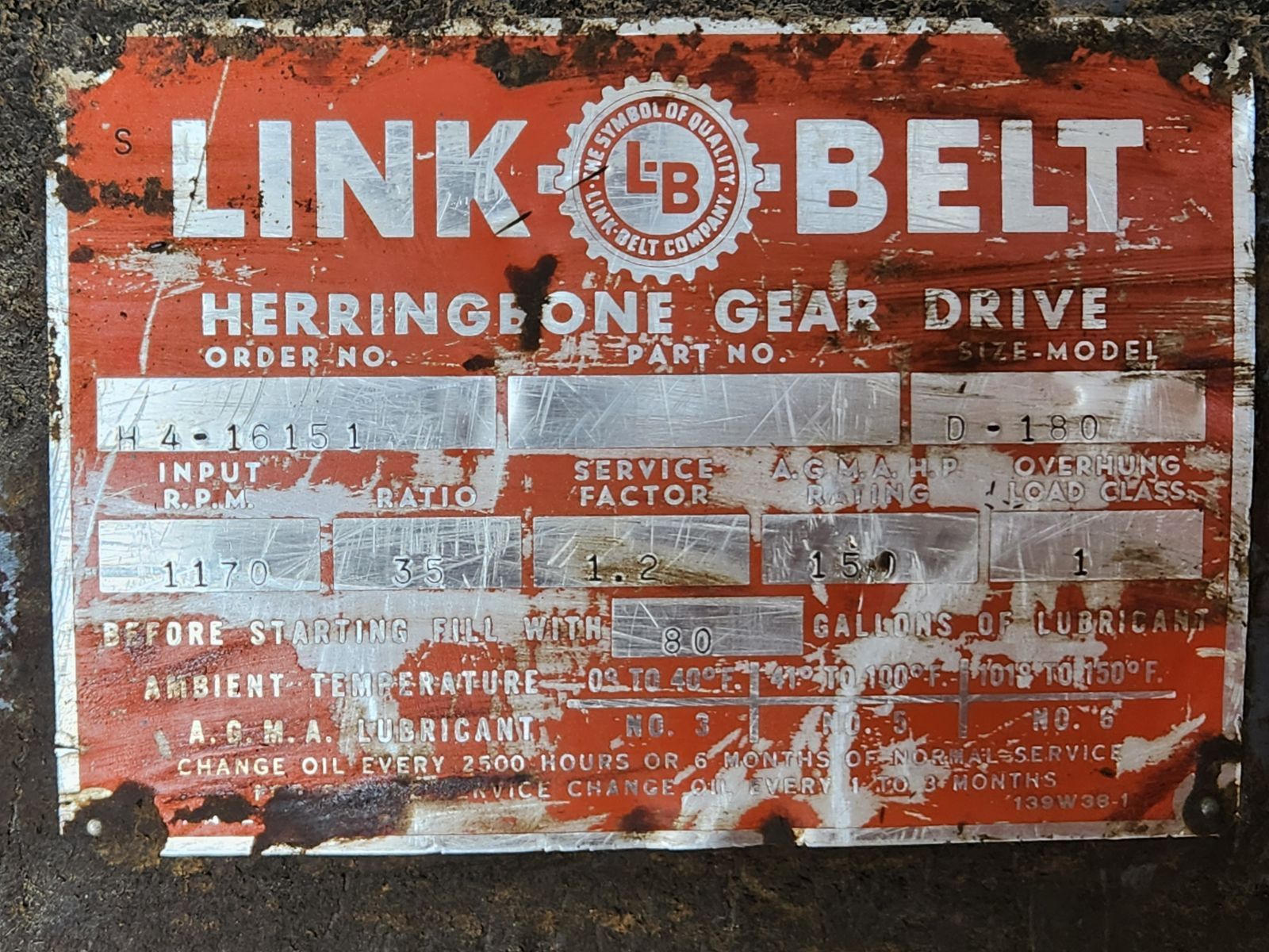 A sign that says ' link belt herringbone gear drive ' on it
