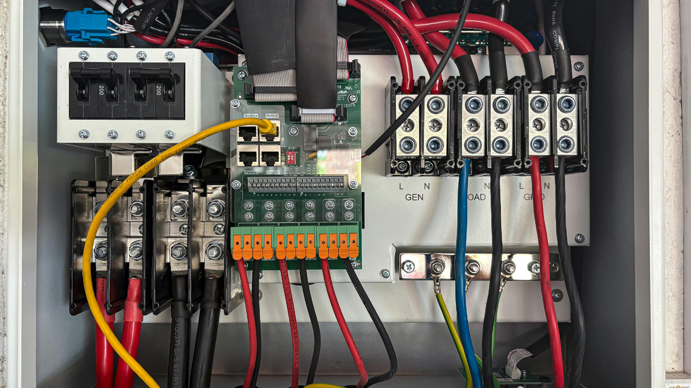An open electrical box with wires, terminals, and circuit breakers. Red, black, yellow, blue and green wires.