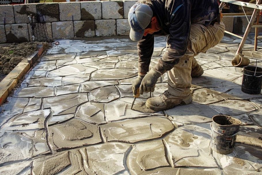 Worker laying stone pavers in a courtyard, kneeling on a partially finished stone patio.