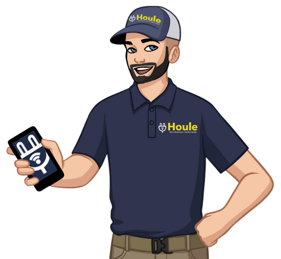 Houle mascot holding a phone with their logo