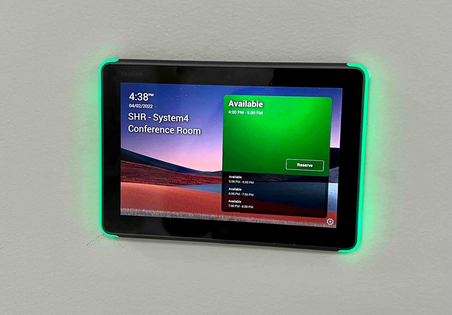 a newly installed tablet with the time of 4:38 on it on a conference room