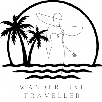 A black and white logo for wanderluxe traveler shows a woman standing in the ocean surrounded by palm trees.