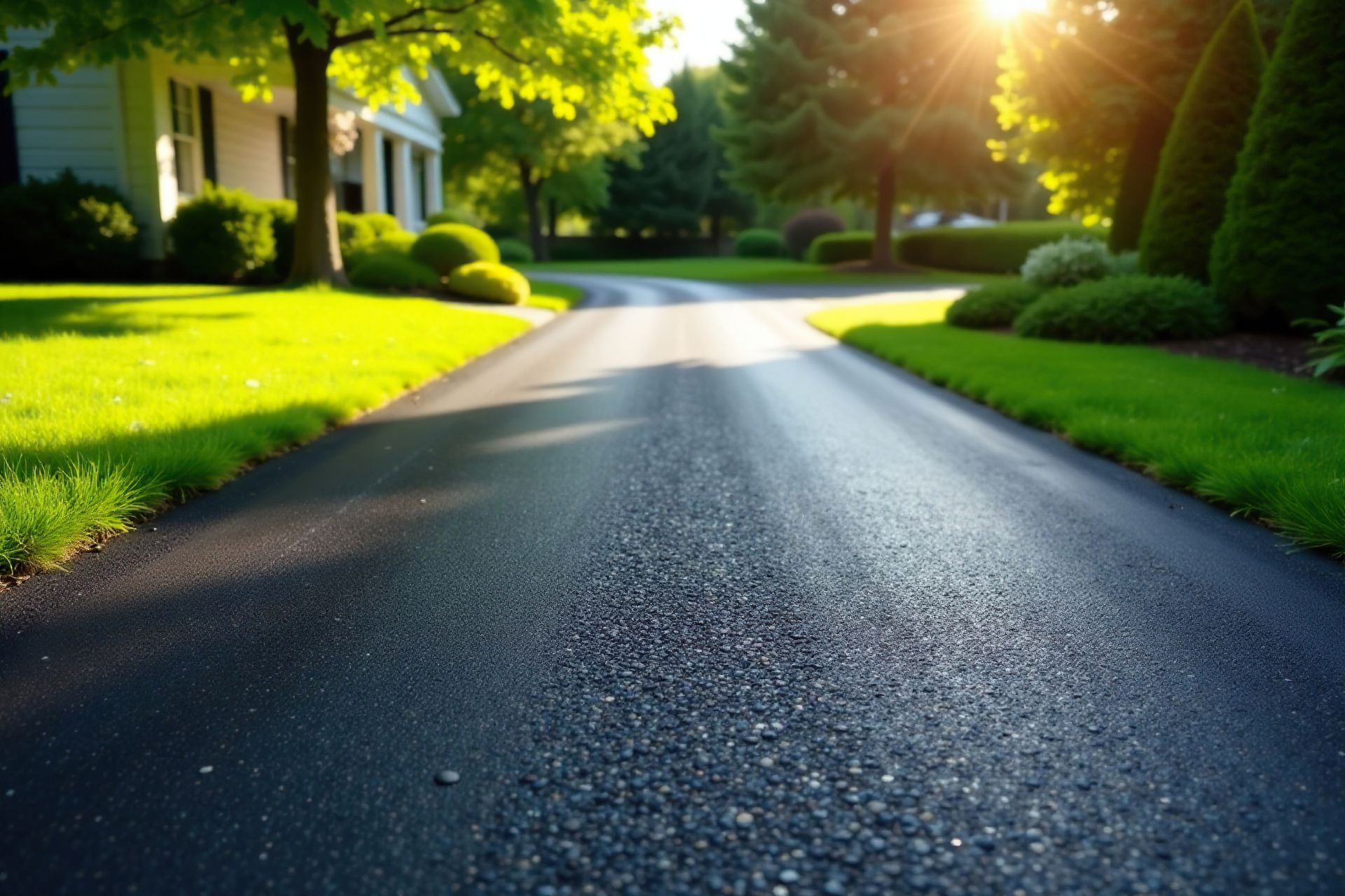 Asphalt driveway leading toward a house, with green grass and trees, sunlit.