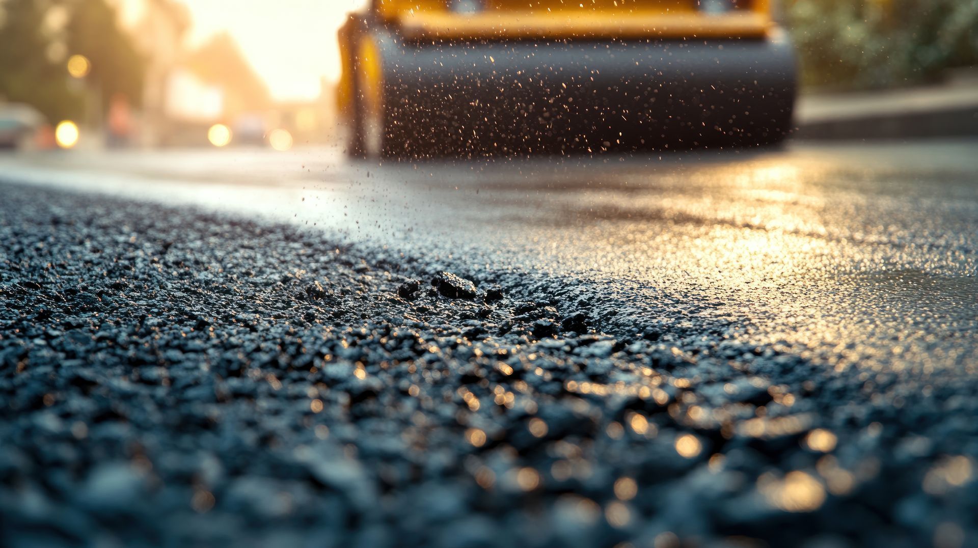 Asphalt road being rolled by a yellow machine, droplets of water spraying up, sunlight in the background.
