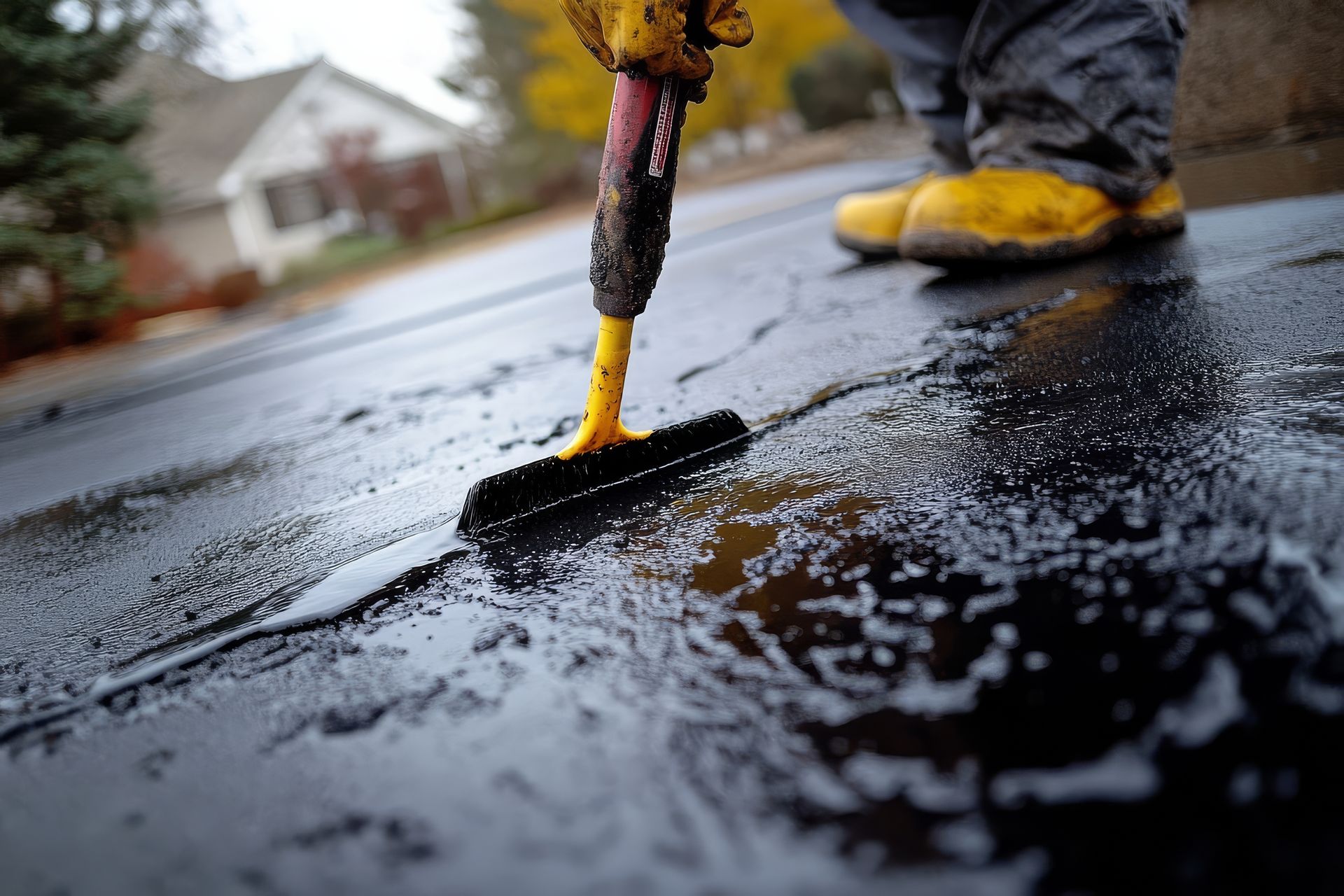 Person applying asphalt sealant to a black asphalt surface, using a yellow-handled squeegee. Person applying asphalt sealant to a black asphalt surface, using a yellow-handled squeegee.