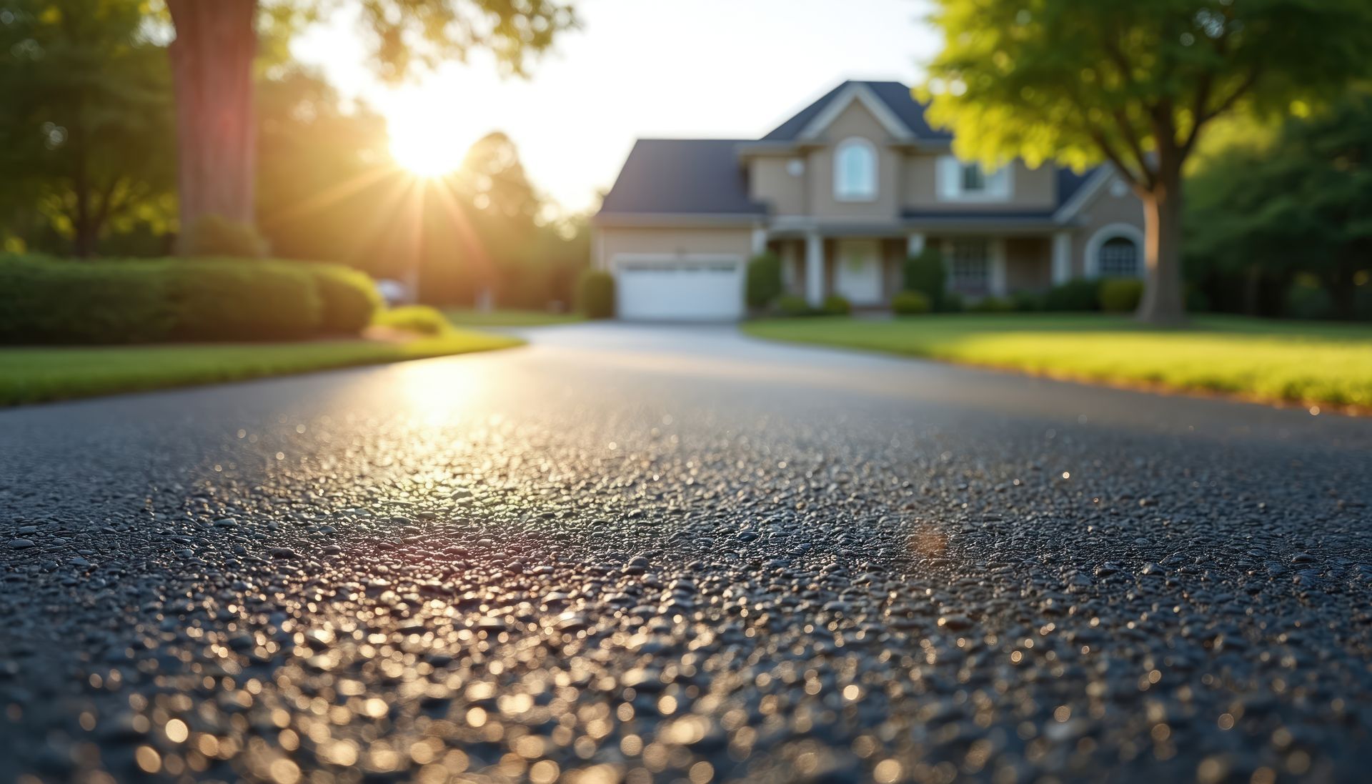 Driveway leading to a house; sunlight reflects off the dark asphalt.