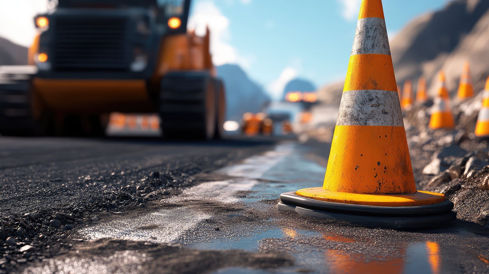 Road work: Orange traffic cone on wet asphalt with heavy machinery in background.