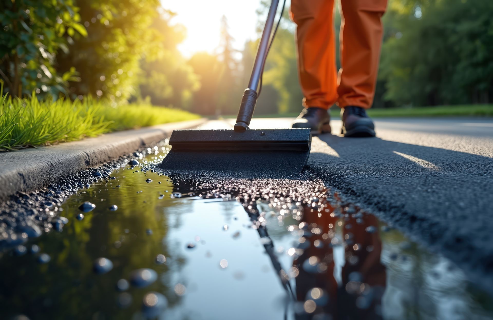 Worker in orange pants cleans a road gutter near a puddle, with the sun shining in the background.