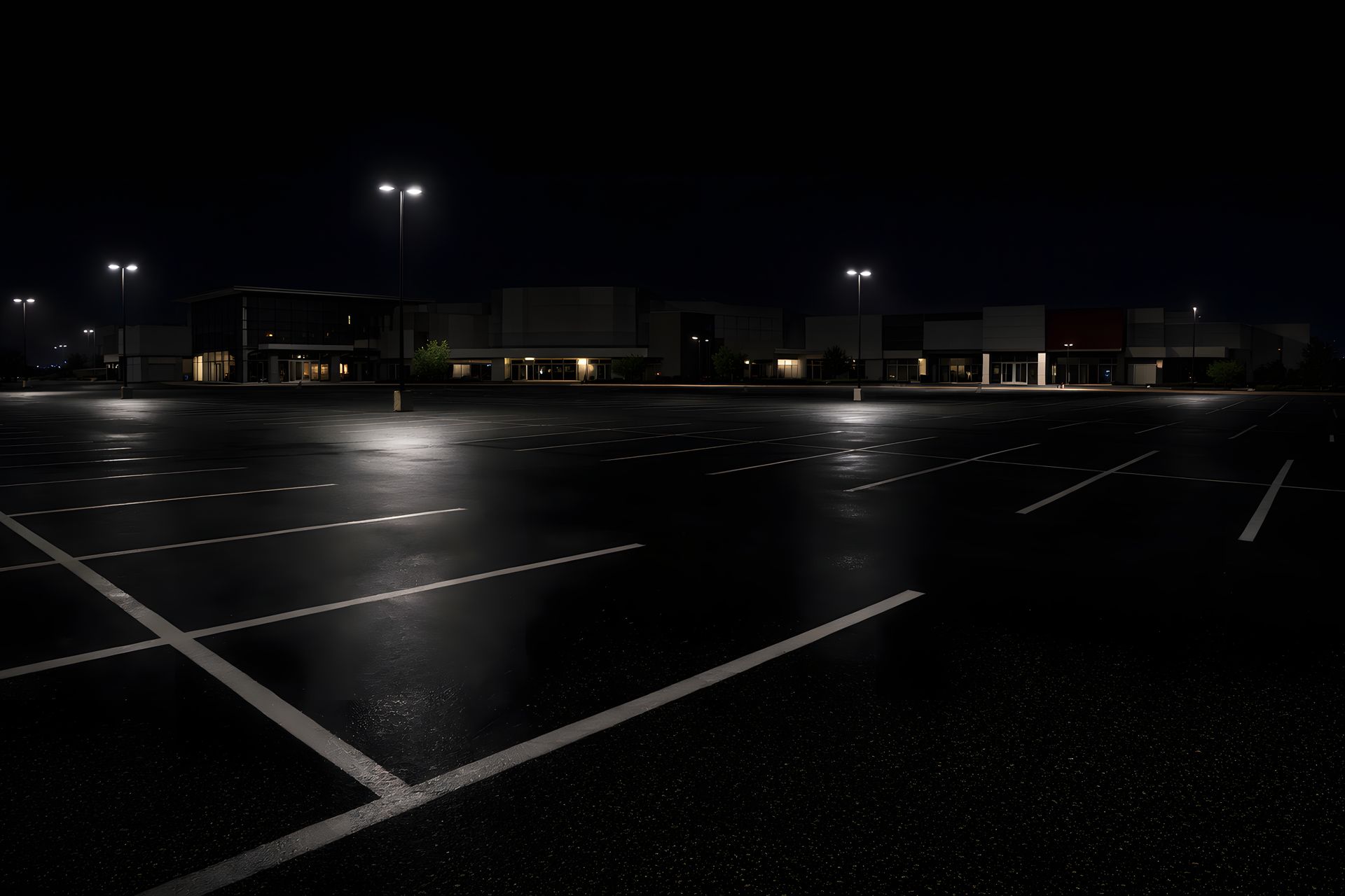 Empty wet parking lot at night under streetlights, with reflective pavement and marked spaces