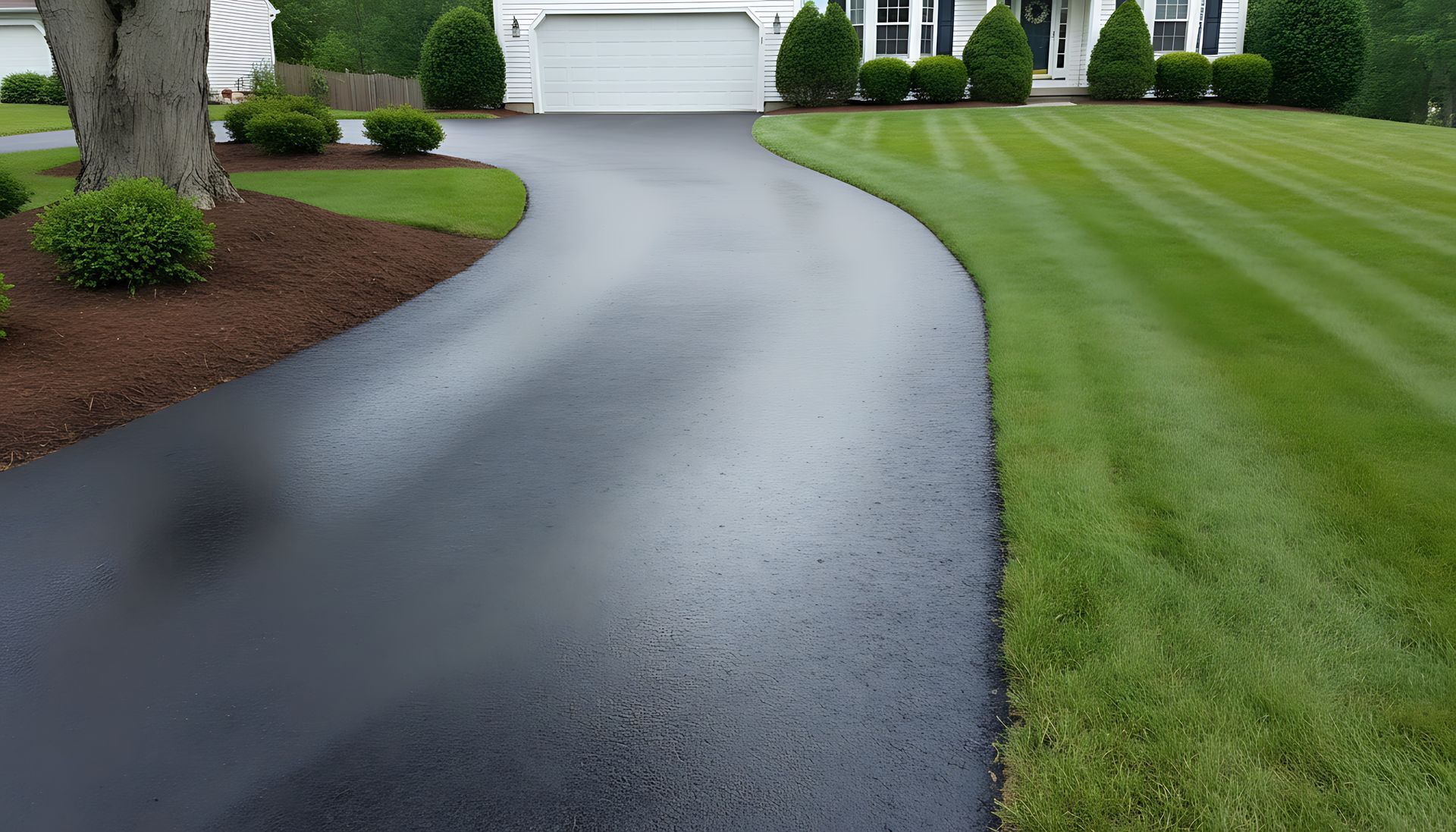 Curved wet driveway leading to a white garage, bordered by a green lawn and landscaped shrubs