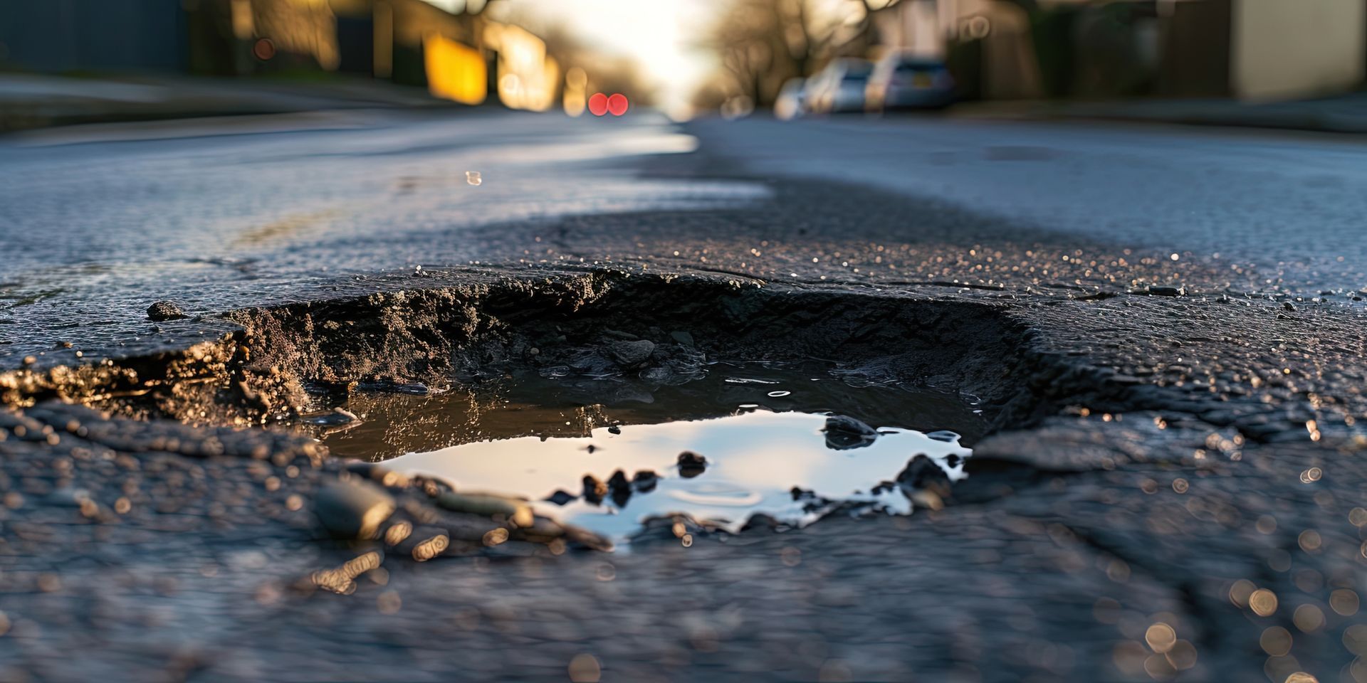 A large, water-filled pothole in the center of an asphalt road during the daytime.