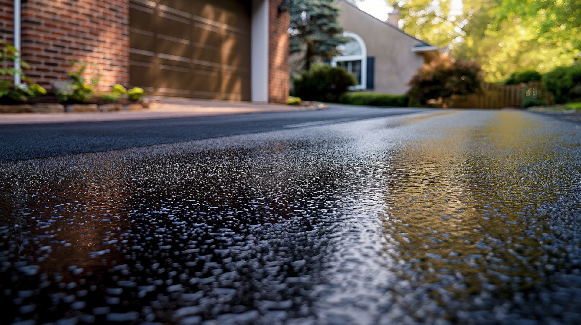 Wet black asphalt driveway reflecting sunlight, leading toward a house and garage. Wet black asphalt driveway reflecting sunlight, leading toward a house and garage.