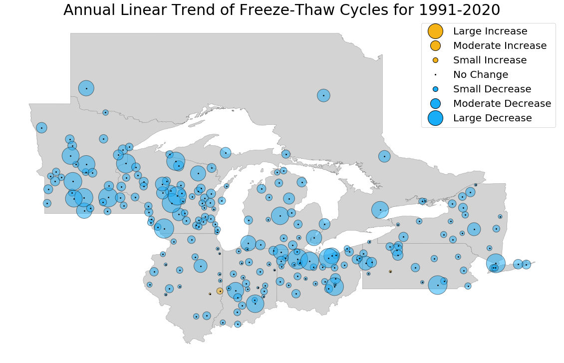 A map showing the annual linear trend of freeze-thaw cycles for 1991-2020