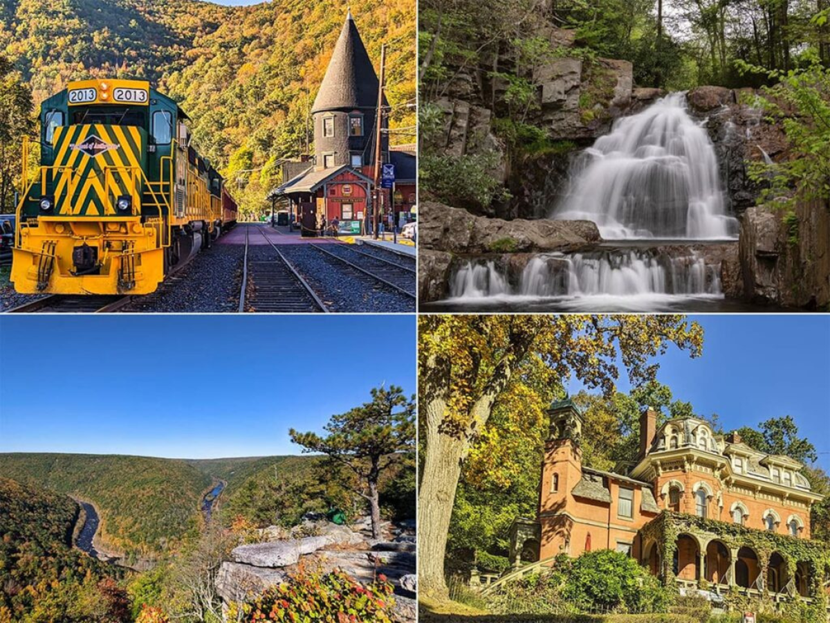 A collage of four pictures of a train , a waterfall , a castle , and a house in Carbon County PA.