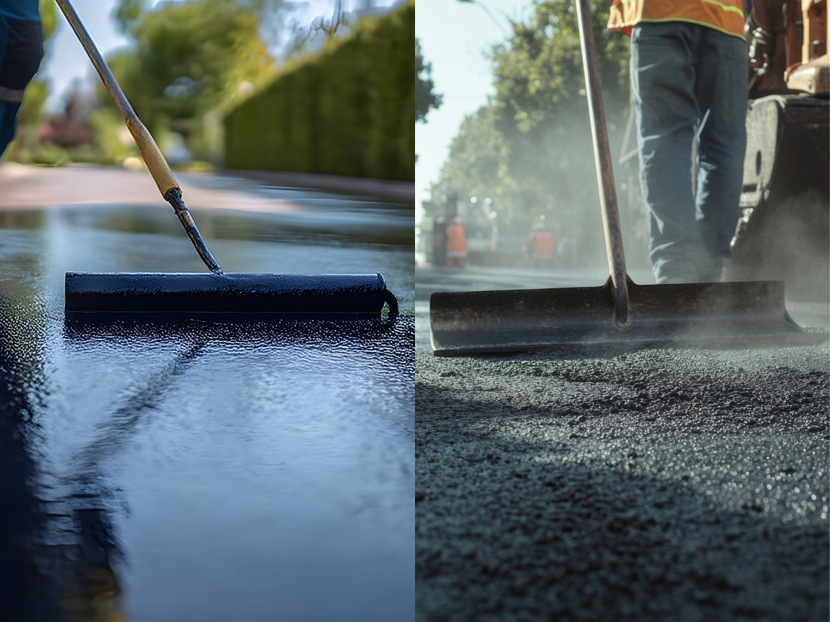 Left: Person applying black sealant with a roller on a street. Right: Worker smoothing asphalt with a rake on a road. Left: Person applying black sealant with a roller on a street. Right: Worker smoothing asphalt with a rake on a road.