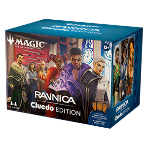 Scatola del gioco Magic: The Gathering Ravnica Cluedo Edition che mostra i personaggi su uno sfondo fantasy blu e rosso.