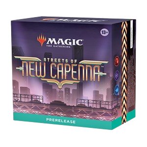 Un kit pre-release di Magic: The Gathering Streets of New Capenna raffigurante lo skyline di una città al tramonto con testo in stile art déco.