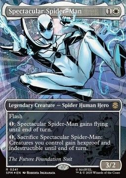 Una carta di Magic: The Gathering raffigurante Spider-Man con indosso un costume bianco e nero della Future Foundation