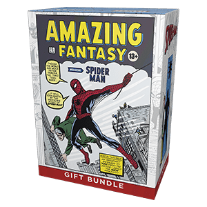 Un cofanetto regalo Spider-Man Amazing Fantasy con un'immagine di Spider-Man che volteggia sopra una città