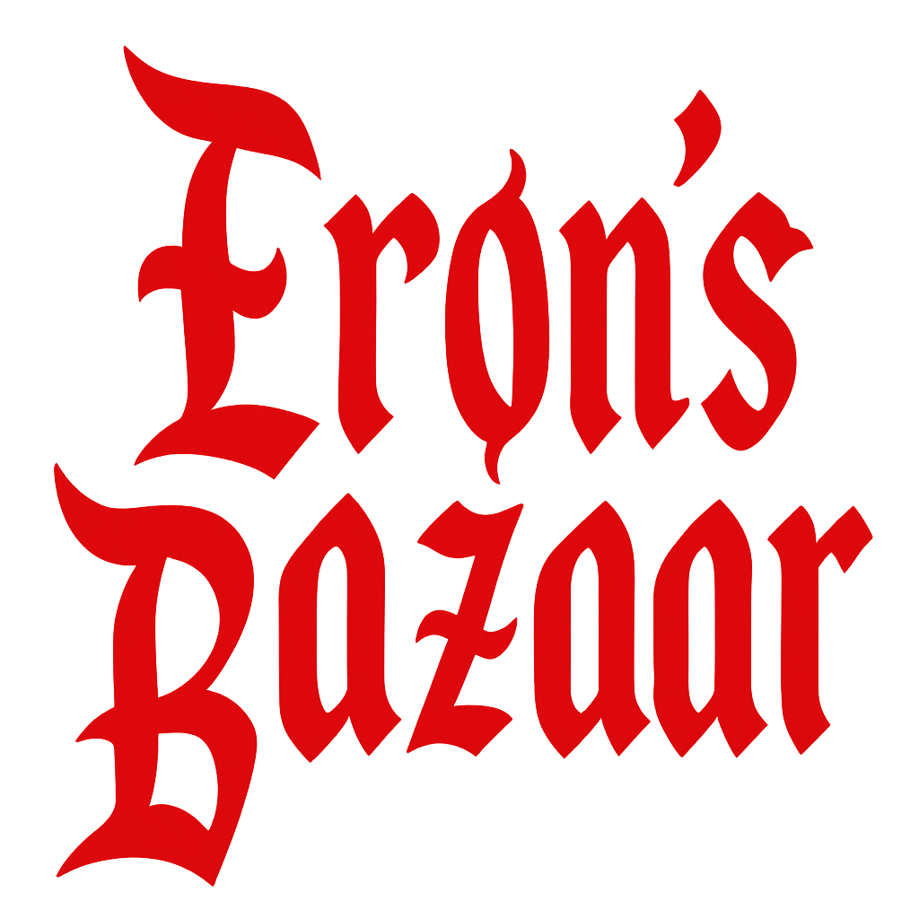 Testo rosso "Eron's Bazaar" in carattere gotico su sfondo bianco.