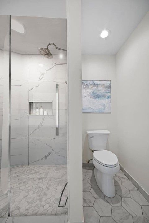 A bathroom with a toilet and a walk in shower.