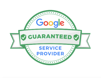 A Google Guaranteed service provider circular badge with green borders, a ribbon, and white text on a green background.