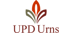 A logo for upd urns with a flower on a white background.