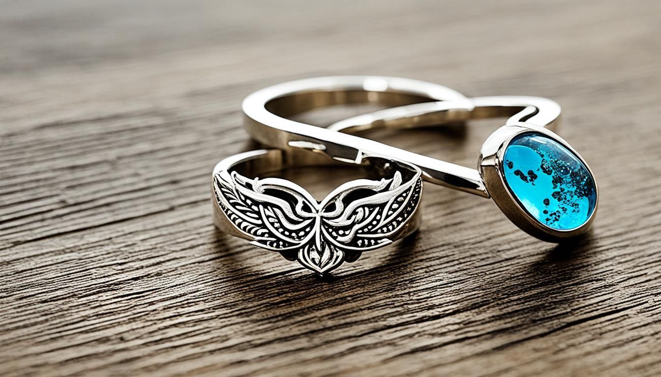 Two silver rings and a turquoise pendant are sitting on a wooden table.