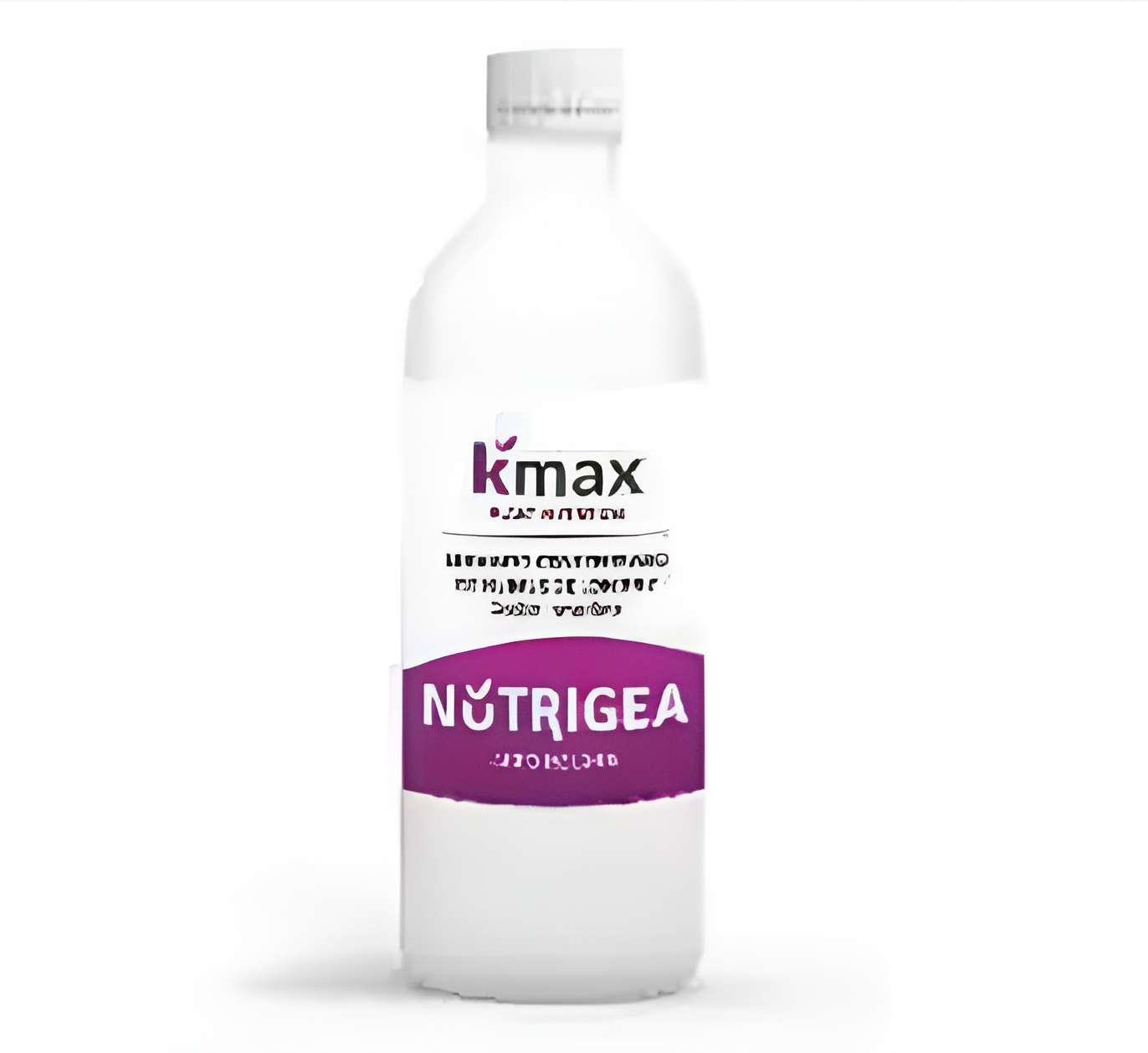Botella blanca de suplemento Nutrigea, con etiqueta morada y blanca y la marca kmax.