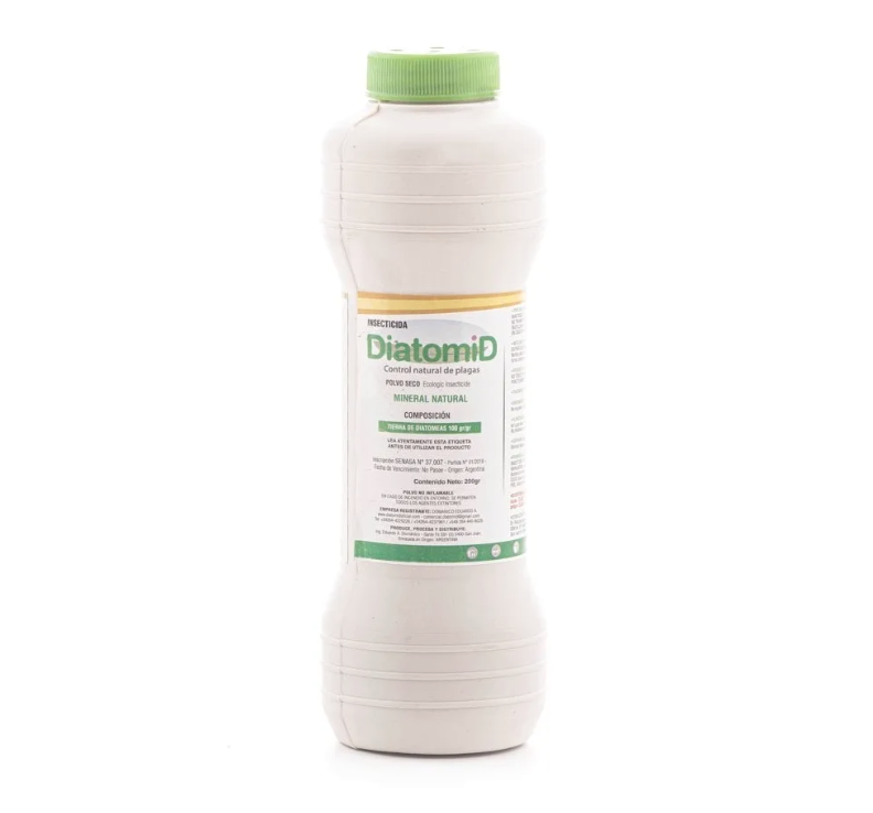 Botella blanca de Tierra de Diatomeas con tapa y etiqueta verde.