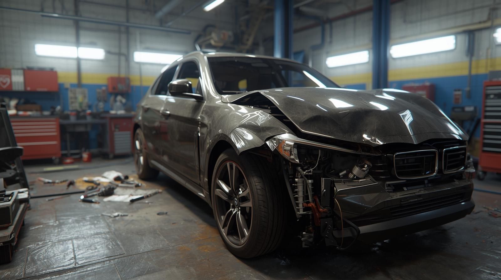 Damaged gray SUV in an auto repair shop, front end crushed, lights broken.