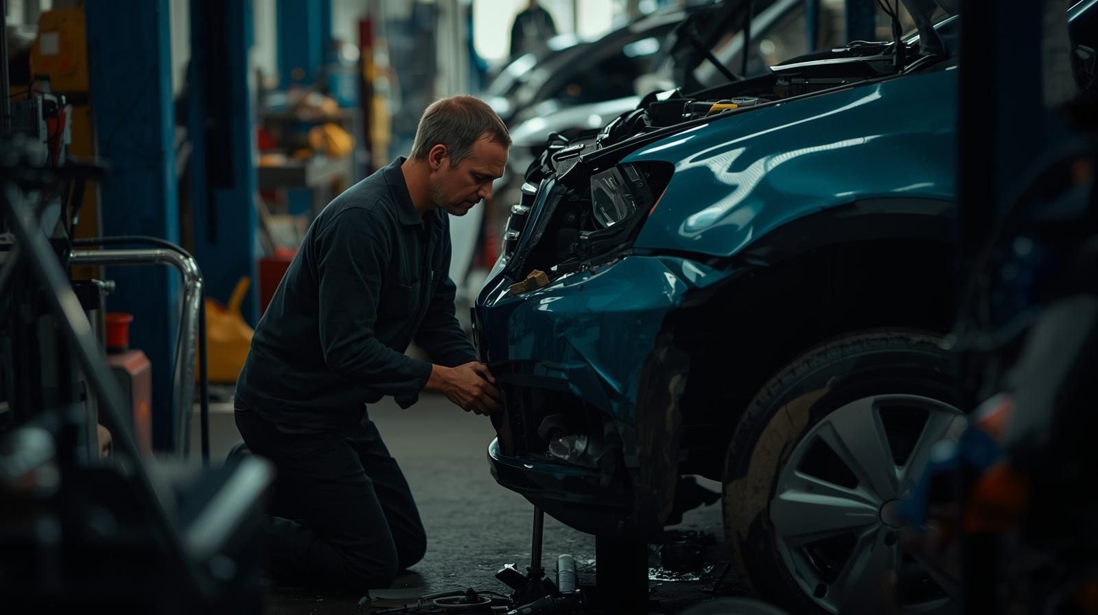 Mechanic kneeling, repairing a damaged blue car bumper in a garage.