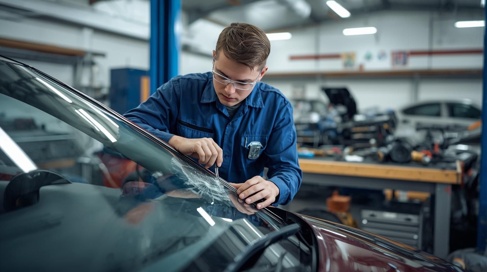 Mechanic in blue work overalls, wearing glasses, repairing a car windshield in a garage.