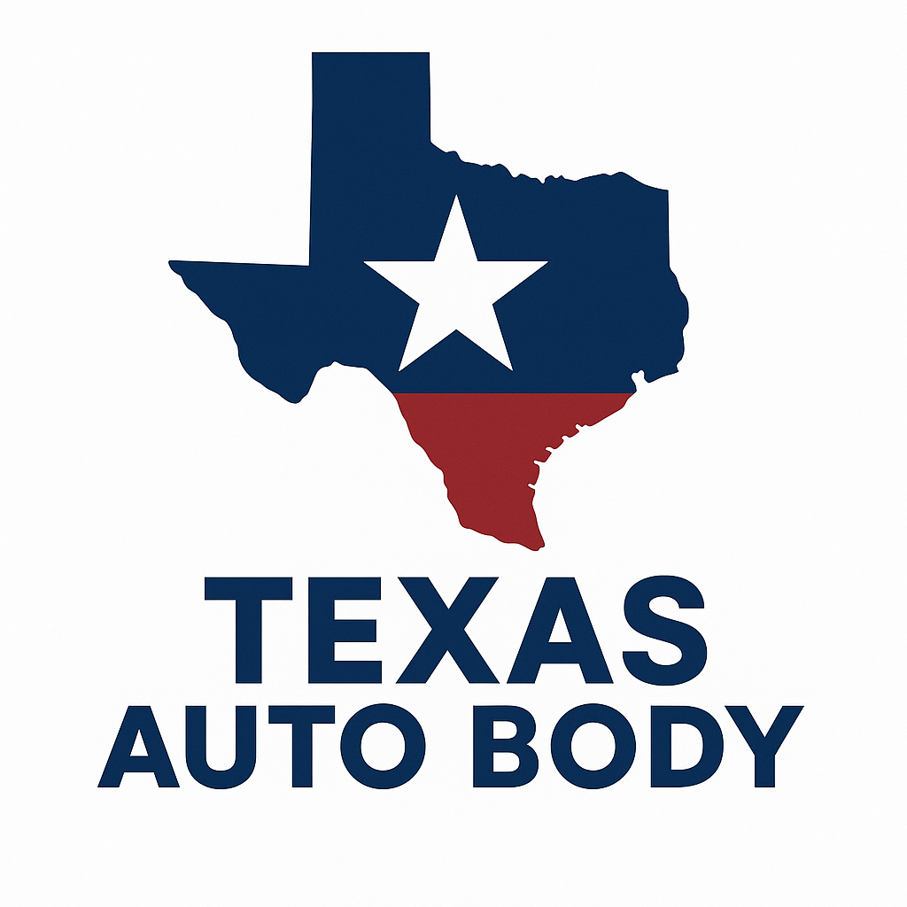 Logo of Texas Auto Body: Texas outline with red, white, and blue color scheme and a white star. Text "TEXAS AUTO BODY".