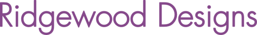 Ridgewood Designs in purple, slightly blurred font.