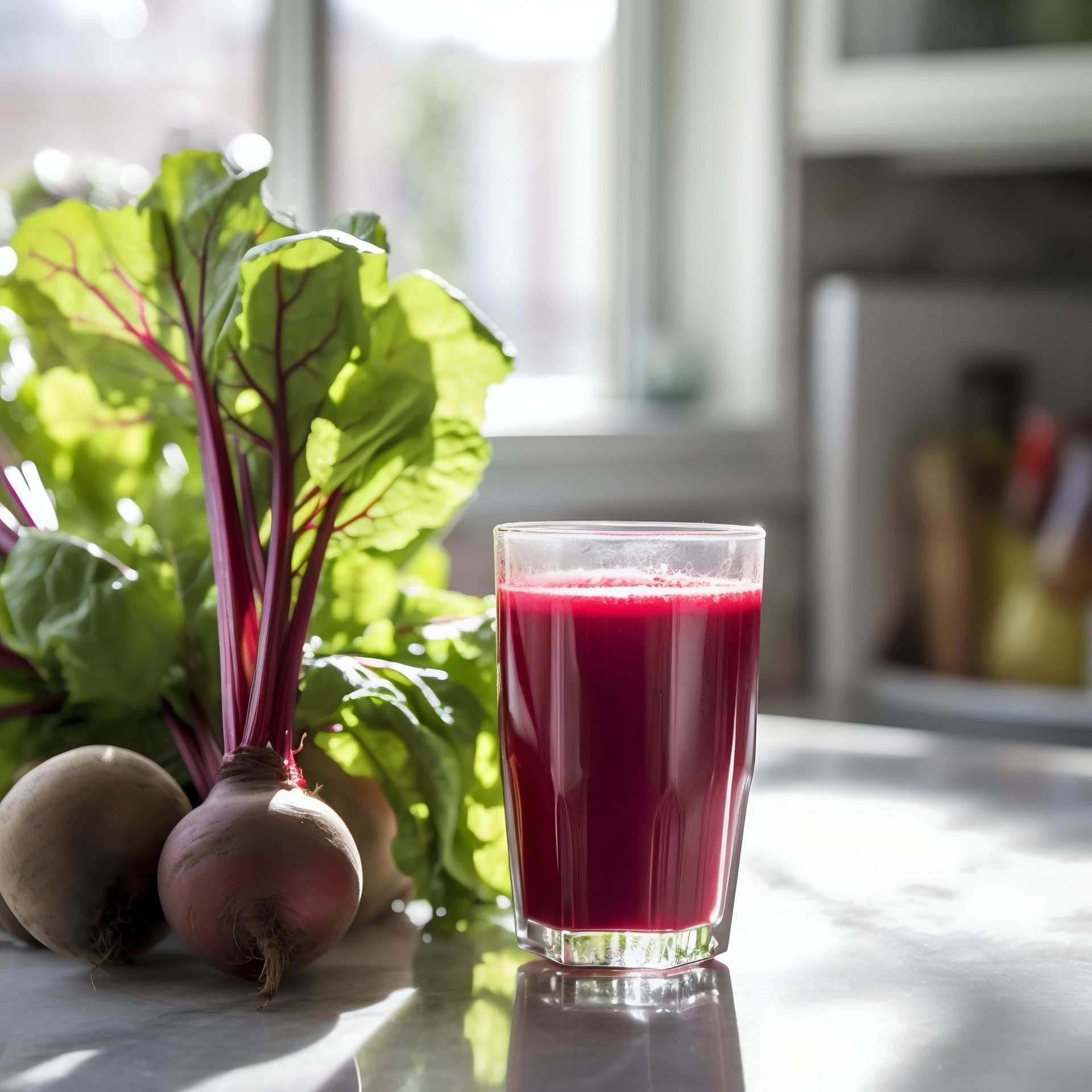 Beet juice in a glass next to whole beets with green leafy tops on a counter. Bright sunlight.
