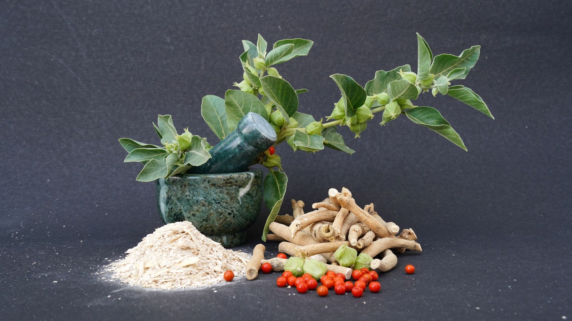 Green mortar and pestle with herbal ingredients: roots, powder, berries, and sprigs, against a black background.