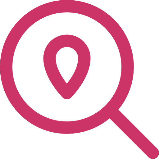 Pink magnifying glass with location pin.