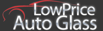 Logo for Low Price Auto Glass, white text, red car outline, on a dark gray background.
