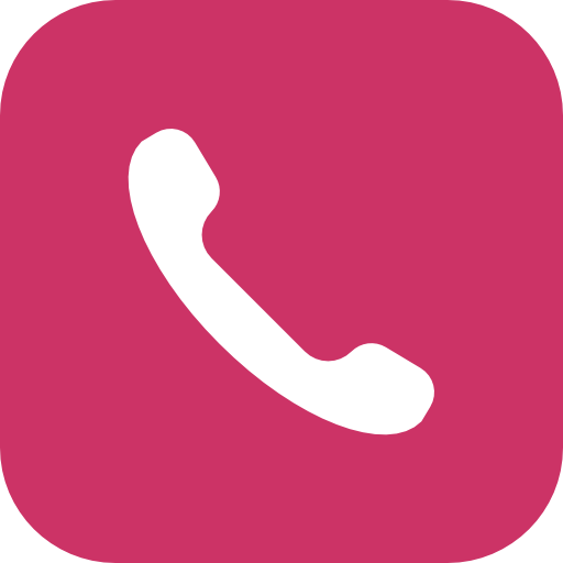 White phone handset icon on a pink square background.