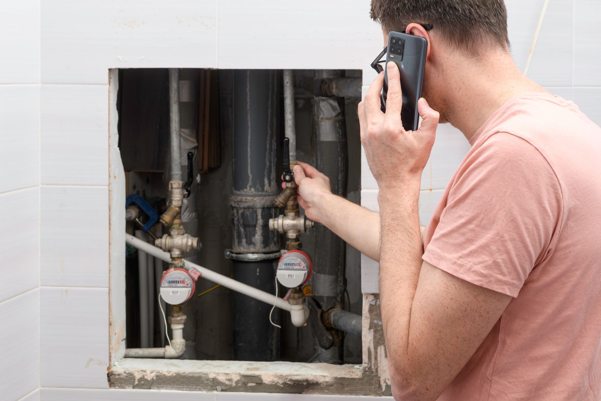 Person holding phone while adjusting valves on exposed plumbing pipes inside a wall opening. Person holding phone while adjusting valves on exposed plumbing pipes inside a wall opening.