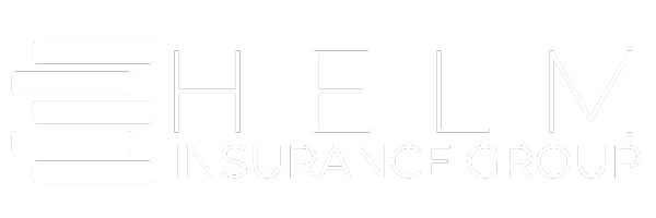 A white logo for a company called heli insurance group on a white background.