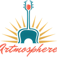 Logo: teal guitar with wine glass head, orange sunburst, "Artmosphere" in coral.