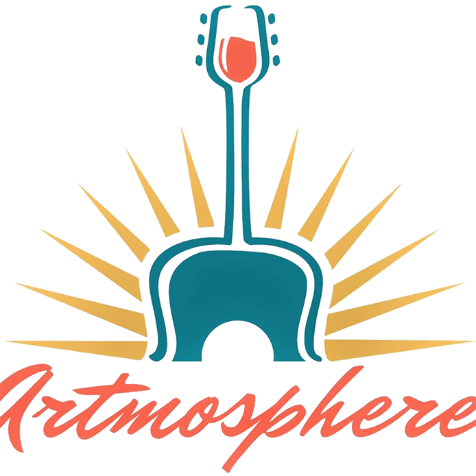 Logo: teal guitar with wine glass head, orange sunburst, "Artmosphere" in coral.
