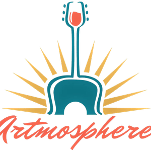 Logo: teal guitar with wine glass head, orange sunburst, "Artmosphere" in coral.