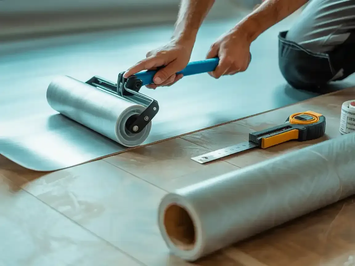 Person installing flooring, using a roller. Tape measure and roll of material on the floor.