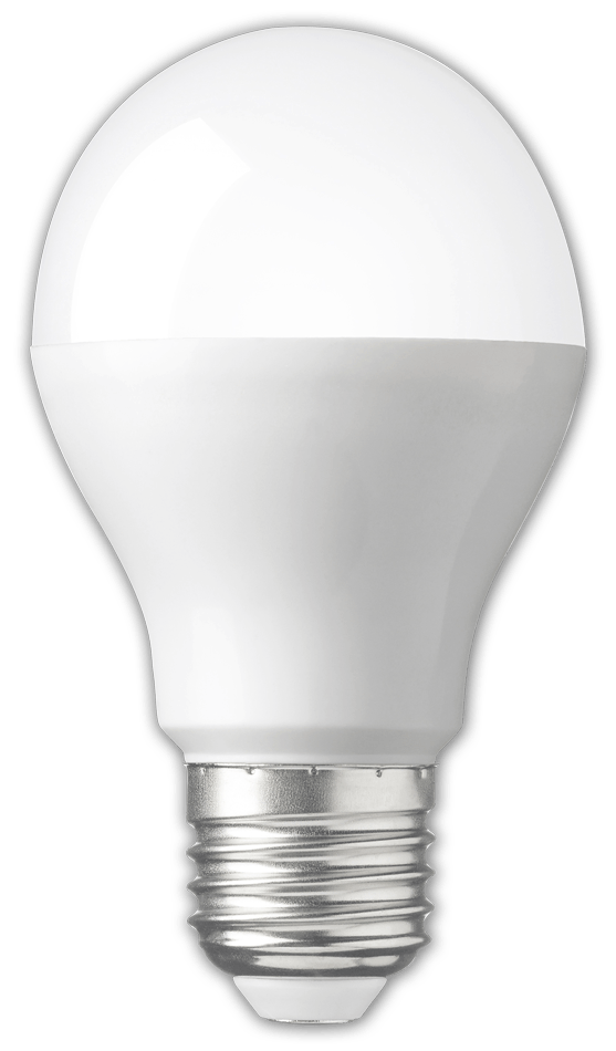 A white light bulb is sitting on a white surface.